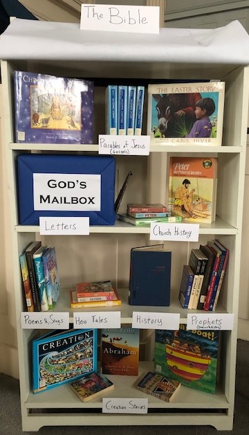 Bookcase with various Biblical books on it, sorted by genre and when written